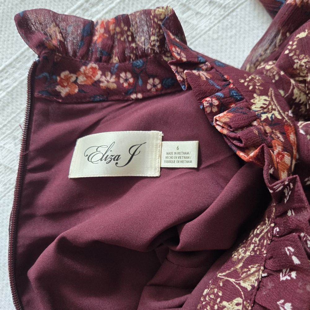 Eliza J Burgundy Long Sleeve Dress With Ruffled Collar - Picture 4 of 11